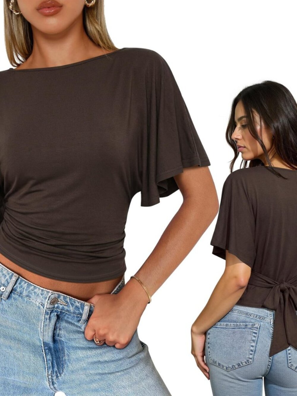 Womens Tie Back Blouse Boat Neck Flutter Sleeves Wrap Cinched Tops